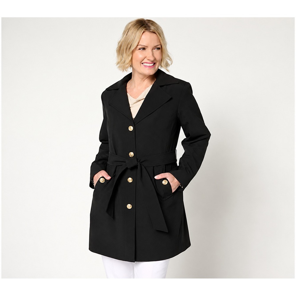Dennis Basso Regular Water Resistant Trench Coat with Hood Black, XX-Small
